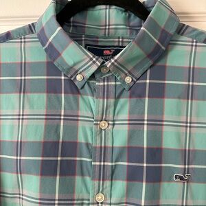 Vineyard Vines Men's Teal and Blue Tech Style Plaid Shirt